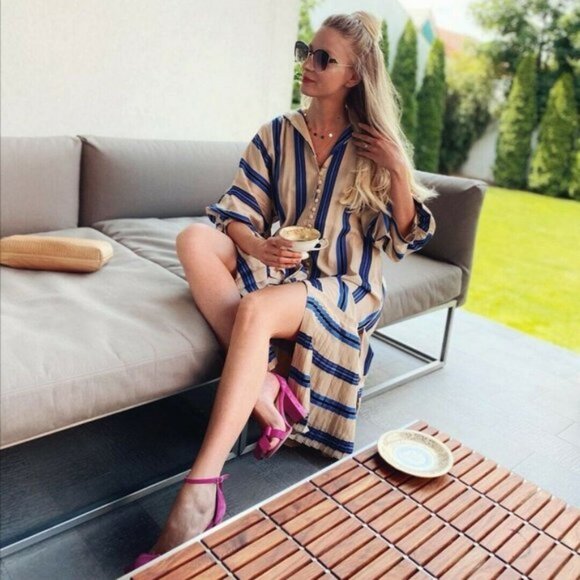 NWT H&M CONSCIOUS EXCLUSIVE STRIPED KAFTAN PLEATED TENCEL BUTTON COCKTAIL DRESS - Picture 2 of 16